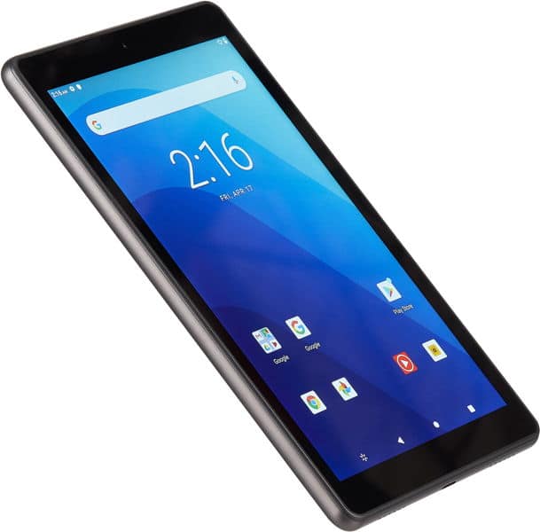 Two black tablets overlap at a front angle; one shows app icons and 2:16, the other displays a distorted, unreadable screen.
