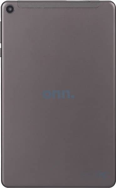 Front view of closed onn. tablet cover in gray, with diagonal ridges and subtle logo on smooth matte finish, on white background.
