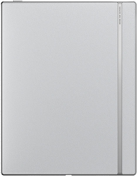 Top view of a closed light gray tablet with textured back and slim right-side strip on a plain background. Brand/model unspecified.