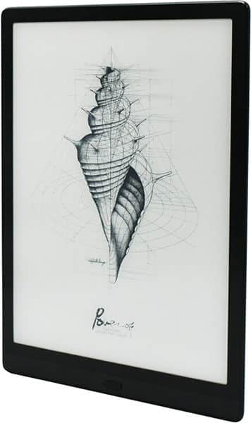 Front view of a tablet next to small text, overlaid on abstract black diagonal bars and swirling line patterns on white.
