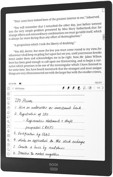 Front view of a black e-reader (brand/model unspecified) showing text and handwritten “IPO Process” notes on the display.
