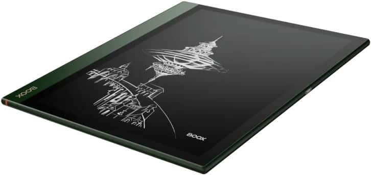BOOX tablet, front view, dark green with brand in corner, displays white sketch of futuristic and classical buildings on screen.