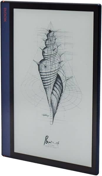 Front view of BOOX tablet with navy and black frame displaying a grayscale technical seashell drawing with geometric lines.