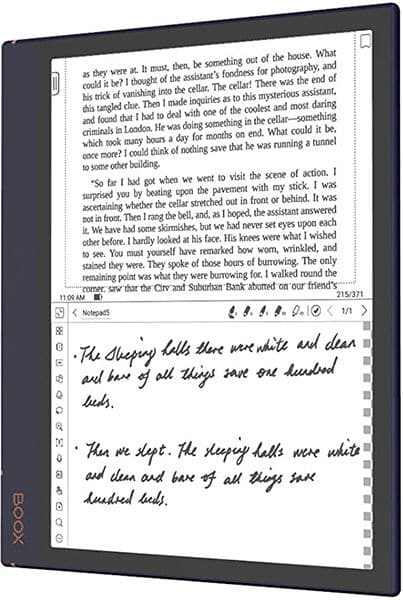 Front view of tablet displaying layered, partially glitched documents; text mostly illegible. Brand/model not visible.