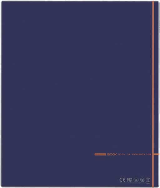 Front view of a Samsung Galaxy Tab S7 cover, dark blue with thin orange stripe and branding at bottom right, plus website URL.