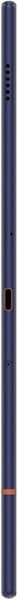 Tin whistle, dark blue with finger holes and copper-colored mouthpiece, shown vertically