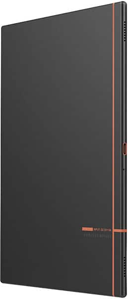 Side view of slim dark gray tablet with orange edge stripe, side button, and "INPUT: DC 5V/1A" text; brand/model unspecified.