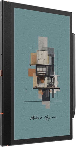 Front view of a slim black tablet, possibly Samsung Galaxy Tab, showing “Make a Difference” and geometric art with stylus attached.