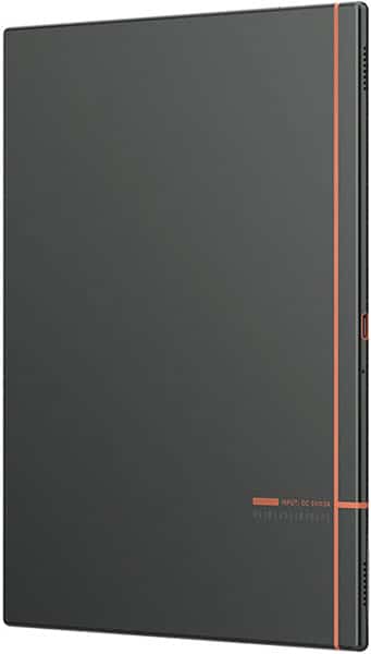 Rear view of Lenovo Tab P11, closed, black with orange accent line and side button; minimal branding at bottom right.