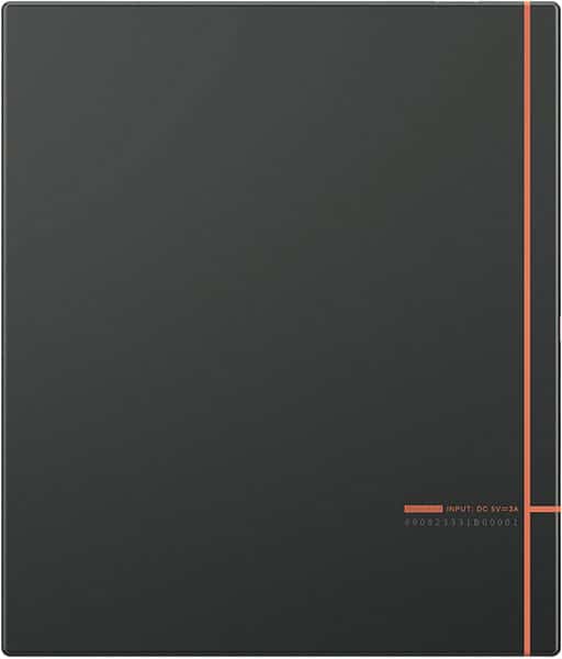 Front view of a black, square tablet with a minimalist design, vertical orange stripe, and subtle text at the bottom right.
