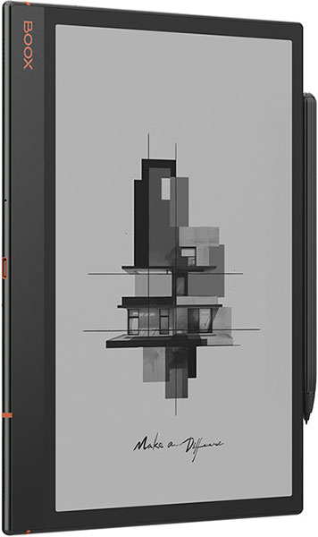 BOOX tablet, front view, with grayscale abstract art and "Make a Difference" text; stylus attached on right edge.