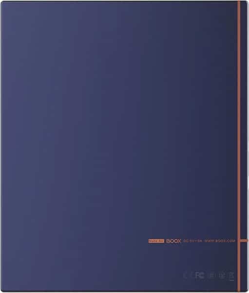Rear view of a dark blue tablet, orange stripe and branding in lower right; specific brand/model not identifiable.