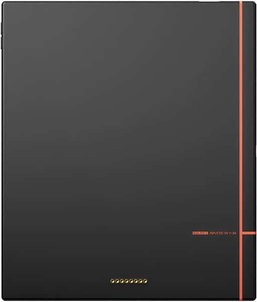 Rear view of a black tablet with vertical orange stripe, gold connector pins, and "INPUT DC 15V 3A" text on lower right corner.