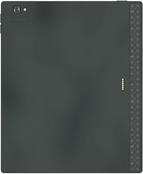 Rear view of dark grey tablet shows single upper-left camera, right-side icon strip, and four gold connectors center-right.