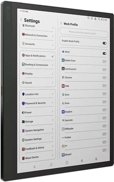 Front view of a tablet showing settings on the left and work profile apps like Word, Chrome, Drive, and Forbes on the right.