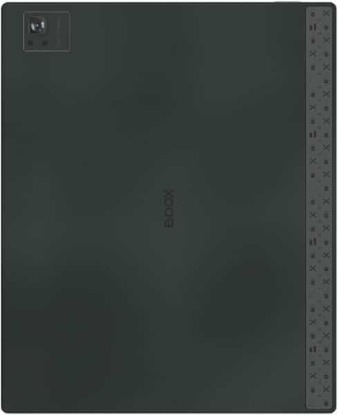 Rear view of a dark BOOX device featuring a top-left camera and right-edge icon strip; "BOOX" centered on the back.