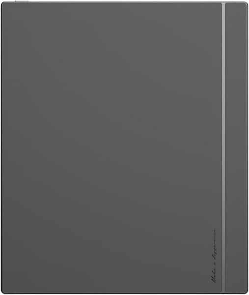 Front view of a dark gray tablet with a vertical line right, "Make it happen" script in lower right; brand/model unspecified.