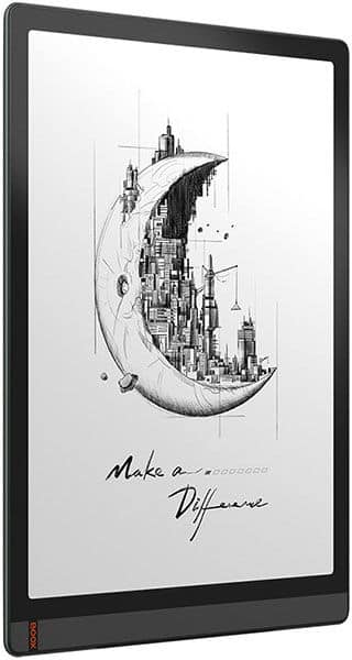 Front view of a tablet, possibly an iPad, displaying a cityscape on a crescent moon with “Make a Difference” below.