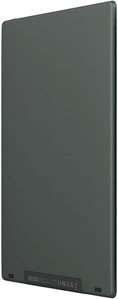 Rear view of BOOX tablet, dark gray with rounded corners, four edge vents, and regulatory label at the bottom.