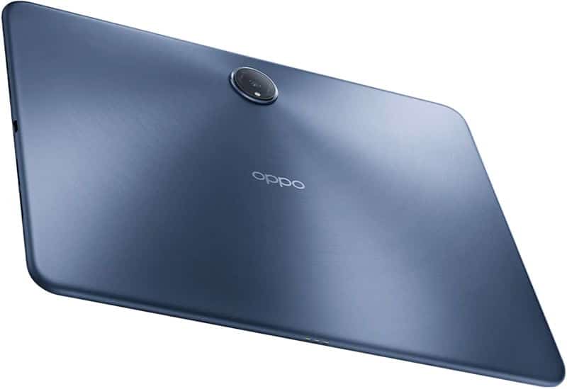 Oppo tablet (dark blue), rear angled view showing top-center camera and centered Oppo logo. Model unspecified.