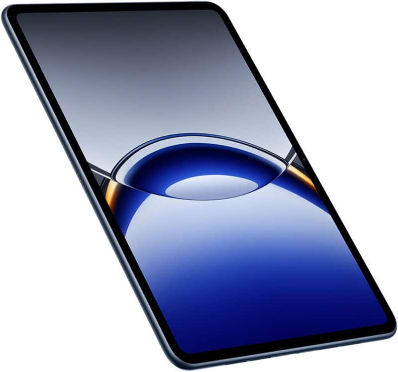 Slim black-bezel tablet, angled front view, displays abstract blue-gray graphics; lightweight, modern design. Brand/model not shown.