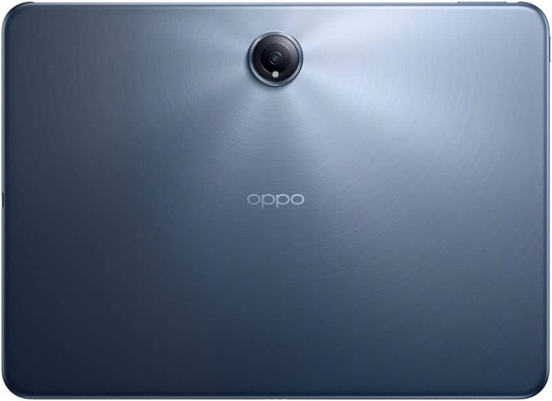 Rear view of metallic blue Oppo tablet, brushed metal finish, centered circular camera at top, Oppo logo in middle.