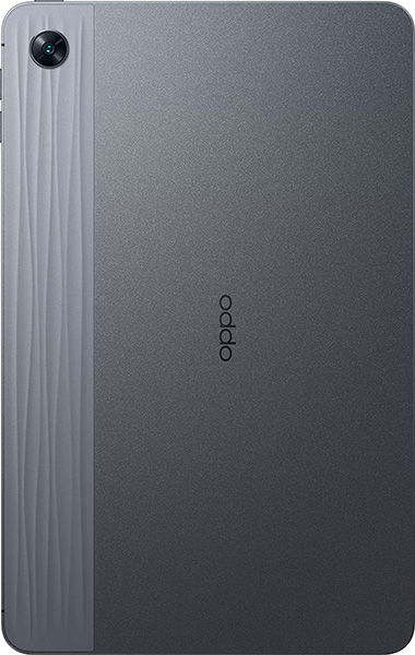 Rear view of gray Oppo tablet with single top-left camera, vertical left-side strip, and centered Oppo logo.