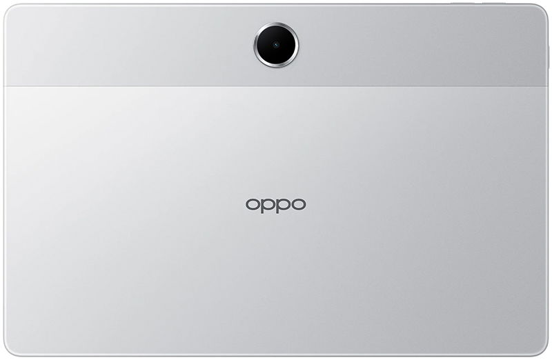 Rear view of silver Oppo tablet with single top-center camera and "oppo" logo in the middle of the back panel.