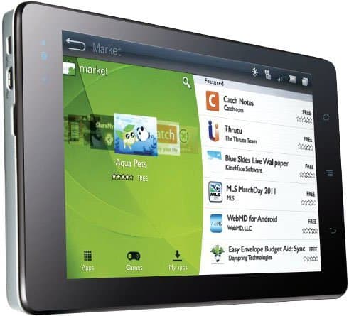 Samsung Galaxy Tab angled left, showing the Android Market app store with Aqua Pets, Catch Notes, and Thruu app icons on screen.
