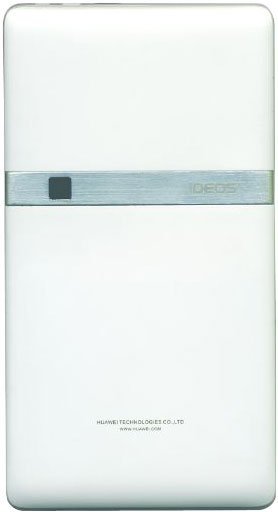 Huawei tablet, possible MediaPad model, rear view showing silver top strip, black camera square, and Huawei logo at the bottom.
