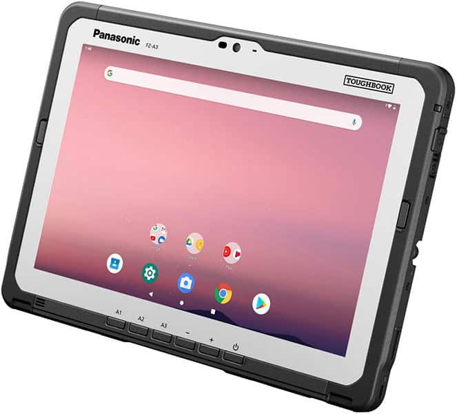 Front view of Panasonic Toughbook tablet, rugged black and gray frame, screen on with Android home screen and app icons.