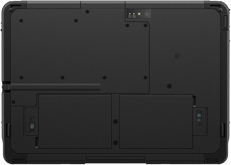 Underside view of a black tablet, showing removable panels, screws, and indicator lights; brand and model not visible.