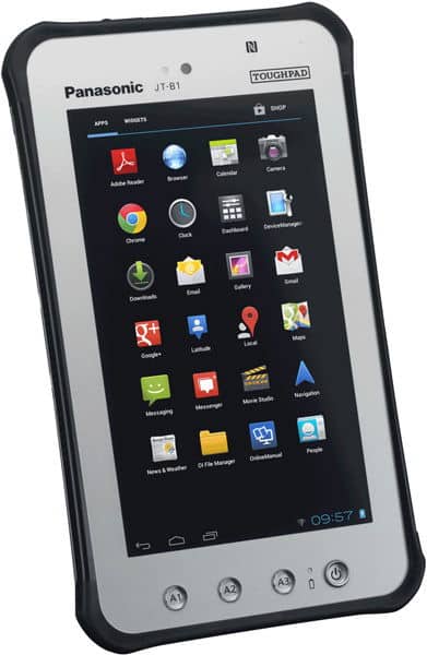 Panasonic Toughpad JT-B1 tablet front angled view, home screen visible with app icons, rugged casing, time displayed as 09:57.