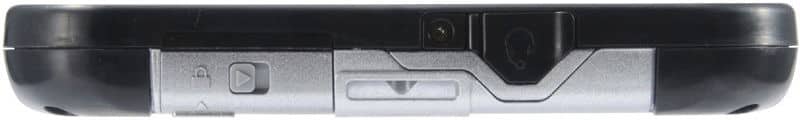Top edge close-up showing black and silver device casing, button, small port, and headphone jack for hardware comparison.