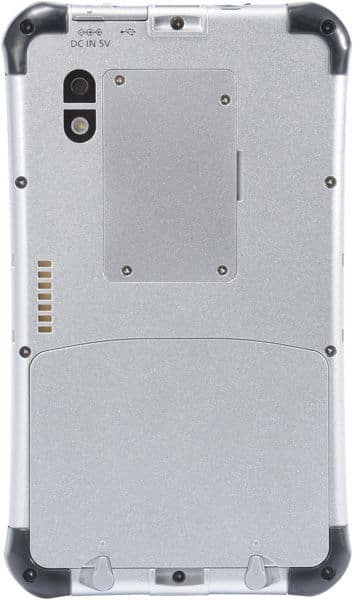 Rear close-up of a rugged silver tablet with camera, connectors, screws, and black corner protectors.