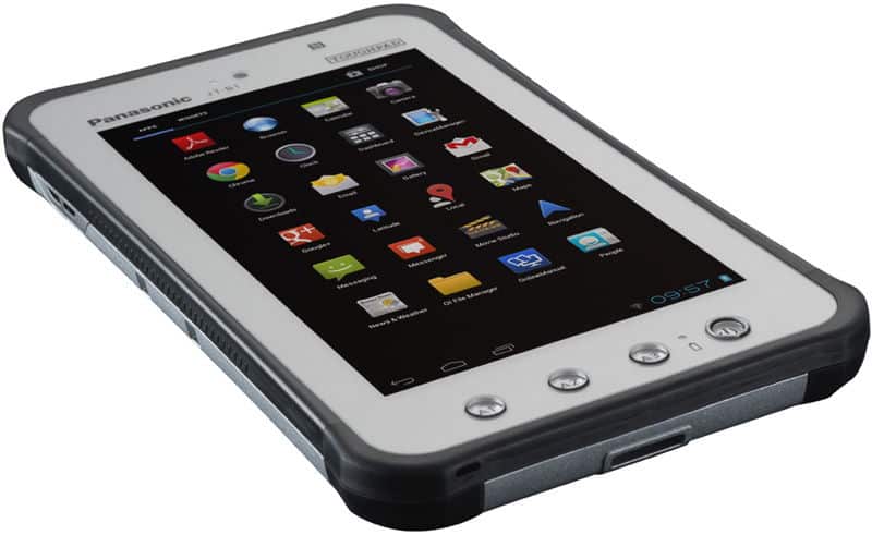 Front view of Panasonic Toughpad tablet with white bezel, black edges, physical buttons, Android apps on screen.