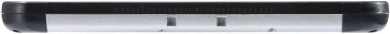Close-up side view of a slim device with a black top, silver bottom, and two small rectangular indents on the silver edge.