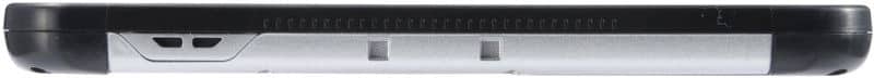Side edge close-up of a device showing black and silver finish, dual speaker grills, and two small square ports near the bottom.