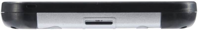 Bottom edge close-up of a device showing black and silver sections with a centered rectangular charging port.
