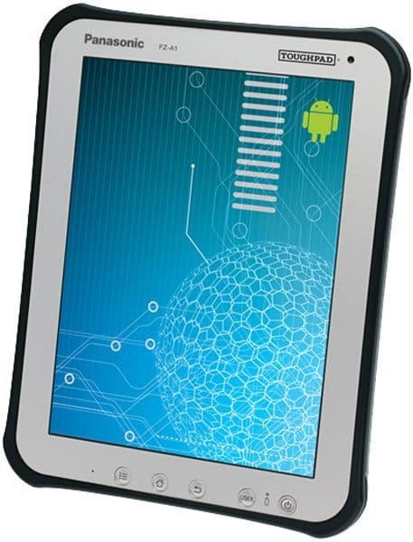 Front view of Panasonic Toughpad FZ-A1 with rugged black and silver frame, showing blue Android interface with circuit pattern.