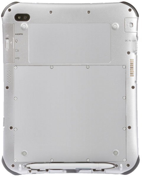 Rear view of silver tablet with black corner accents, visible screws, HDMI, and DC IN 12V ports. Brand/model not specified.