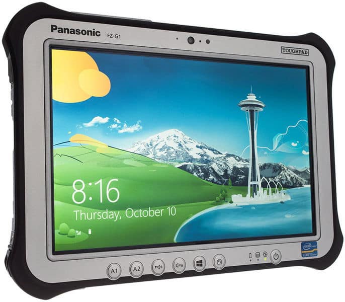 Front view of Panasonic Toughpad FZ-G1 showing a vibrant Seattle landscape, time 8:16, and date Thursday, October 10.