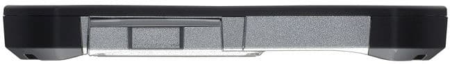 Top-edge close-up of silver and black handheld console, showing cartridge slot with small ports or vents on each end. Brand/model unknown.