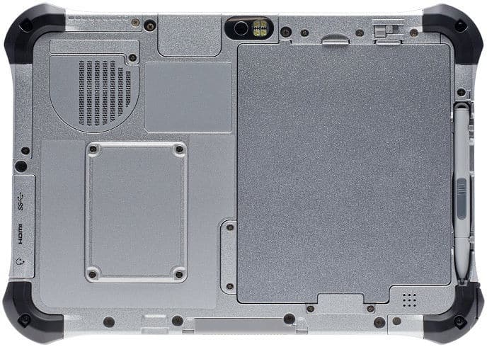 Rear view of rugged tablet with metallic back, screws, vent, ports, camera, right-edge stylus holder, black bumper corners.