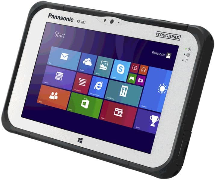 Panasonic Toughpad FZ-M1 front view showing Windows start screen with colorful tiles, in a black rugged protective frame.