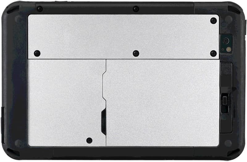 Rear view of tablet with metallic back panel, six screws, top right camera lens, and black edge; brand/model unspecified.