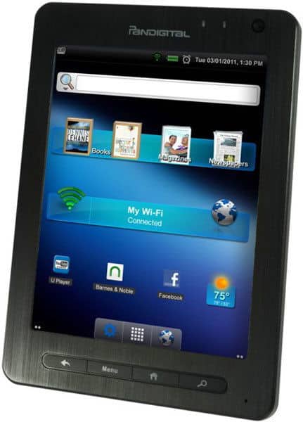 Pandigital tablet front view with home screen; icons for Books, Magazines, Facebook, B&N, Wi-Fi; date January 3, 2011.