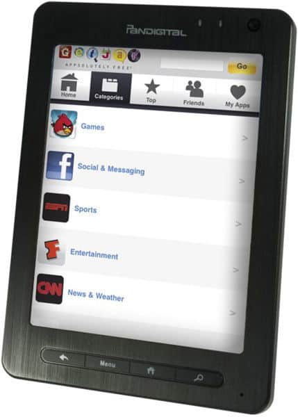 Front view of black Pandigital tablet showing touchscreen apps and categories; physical buttons below the display.