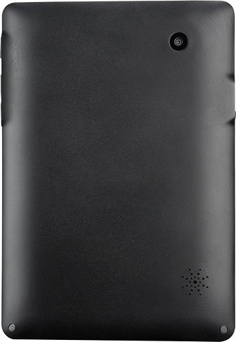 Rear view of a black tablet, rear camera at top right, speaker grille at bottom right; smooth, plain back. Brand/model unspecified.