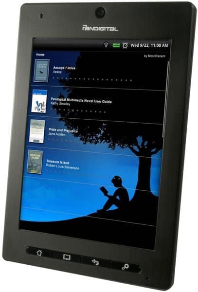 Front view of Pandigital e-reader showing library screen with four book covers; navigation buttons visible below the display.
